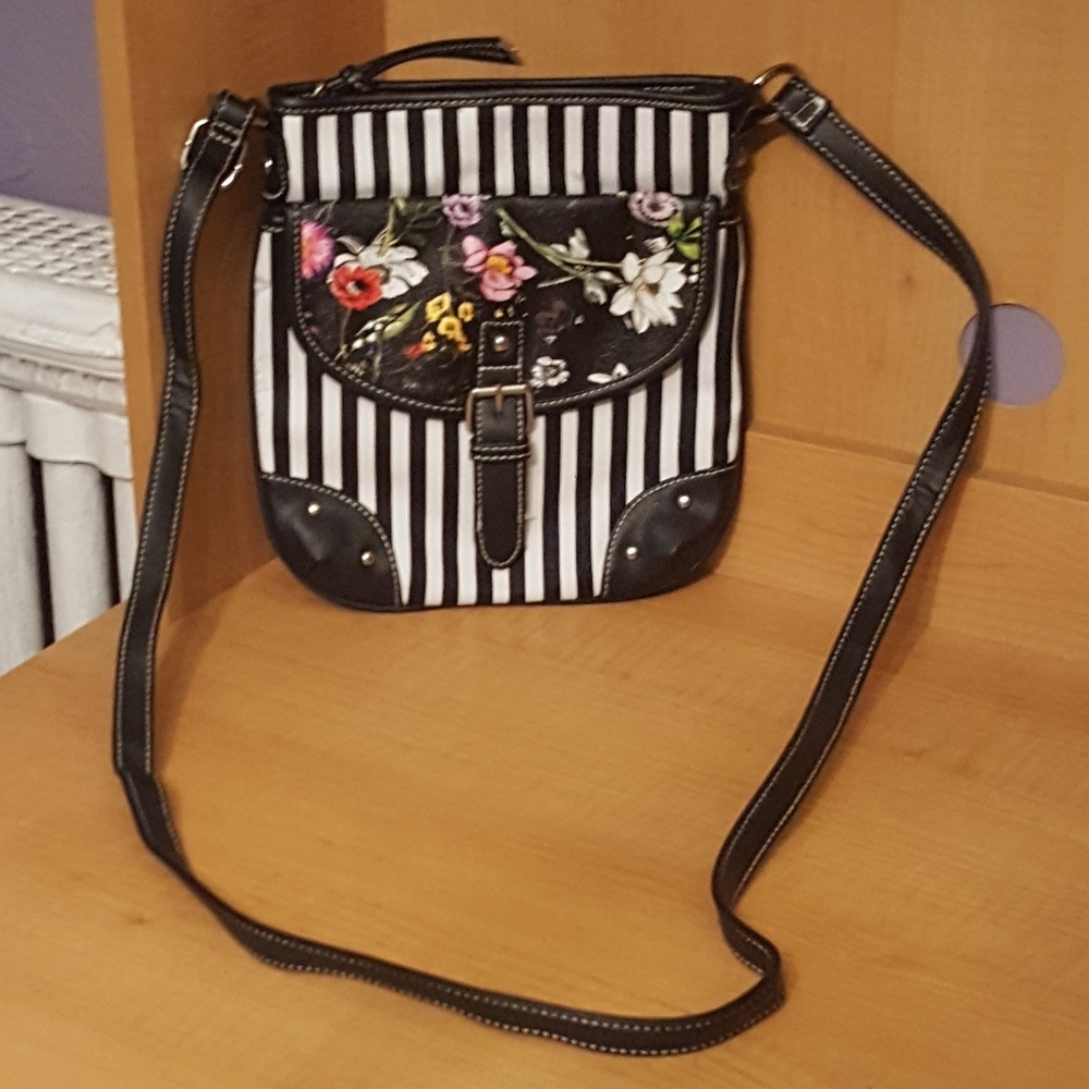 Striped Shoulder Bag with Flower Detailing
